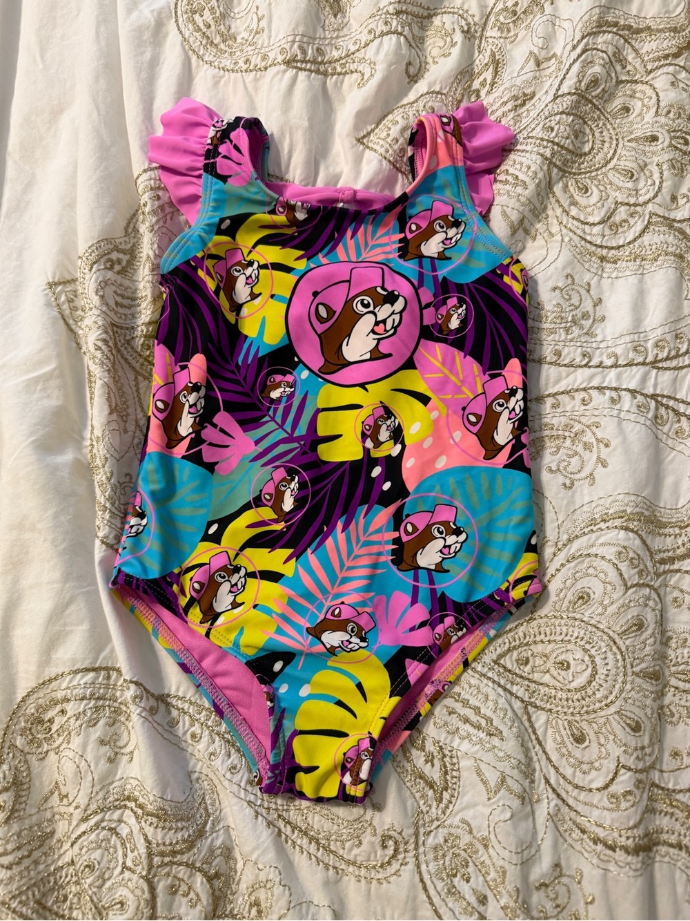 Buc-ees Sz 4T One Piece Girl Swimsuit Beaver Logo tropical pink blue